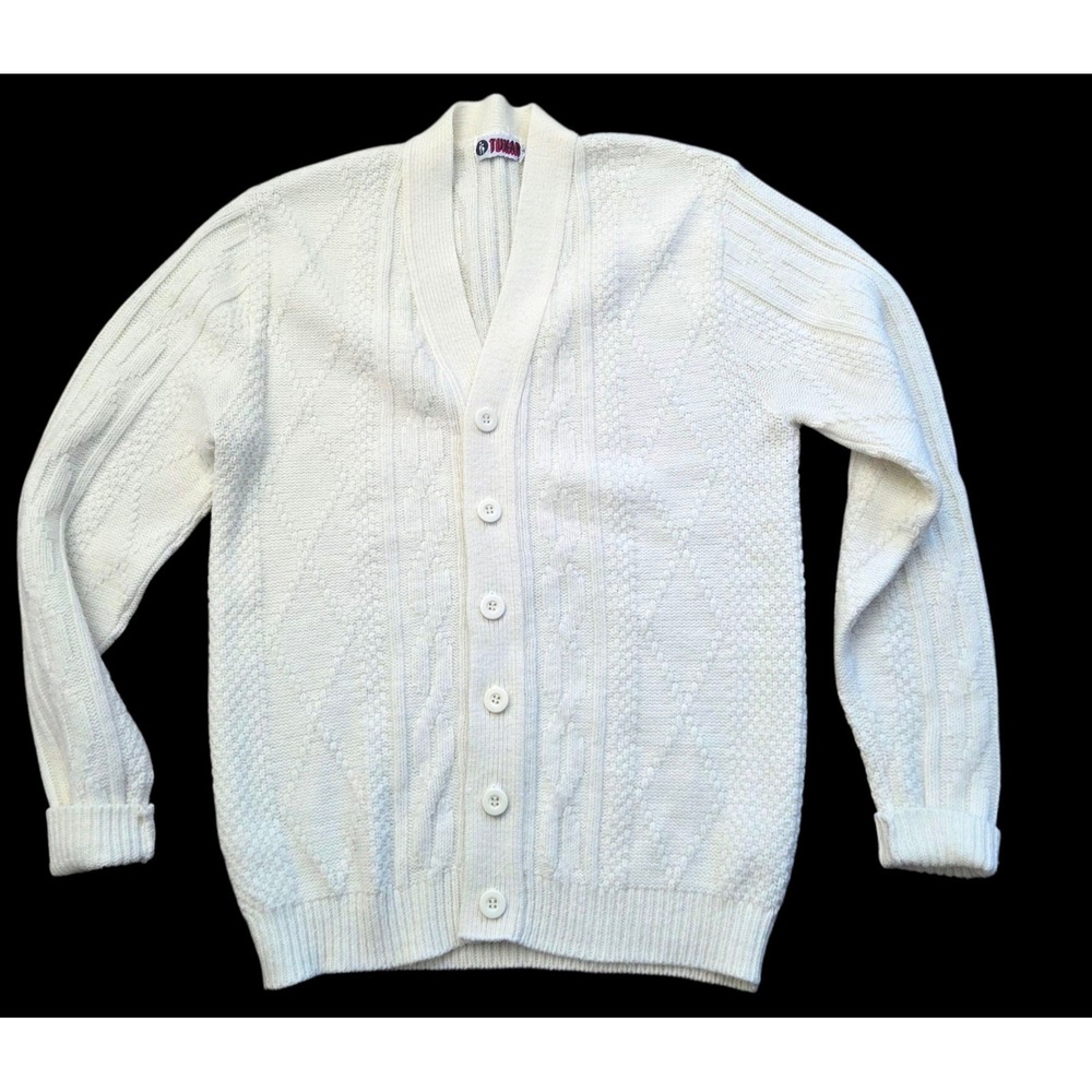 Vintage Tuxan‎ Cardigan Sweater Cream Acrylic Cableknit Button-down Men's XL